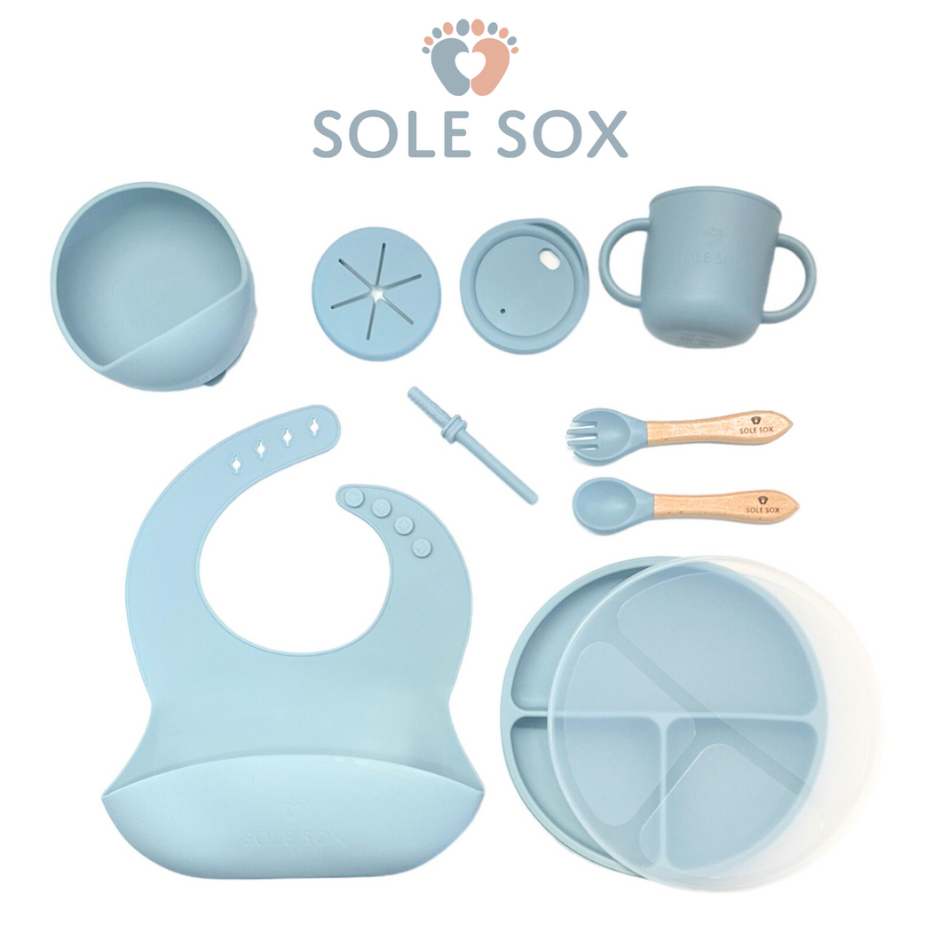Pastel Blue 10 Piece Silicone Baby food-ware set (Suction Cup Base)